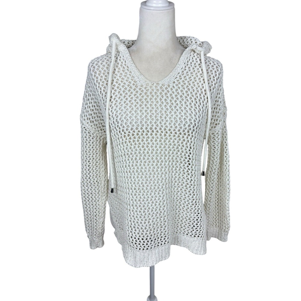 Joie Sweater Womens Size S Cream Crochet Hoodie Boho Metallic Coverup Beachwear‎ - Picture 3 of 10